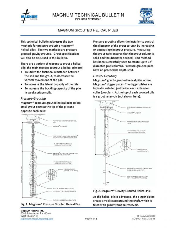 Technical bulletin for grouted helical piles - Magnum Piering